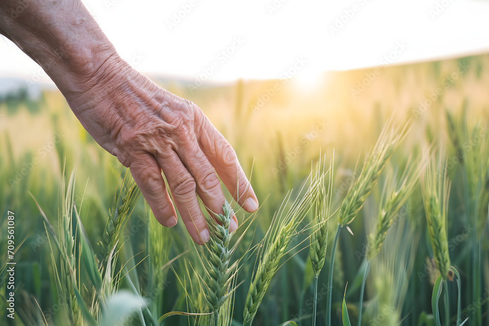 Altershand im Weizenfeld: Eine erfahrene Hand streicht sanft über die goldenen Ähren, eine berührende Verbindung zur Natur und der Erntesaison Altershand im Weizenfeld: Eine erfahrene Hand streicht sanft über die goldenen Ähren, eine berührende Verbindung zur Natur und der Erntesaison