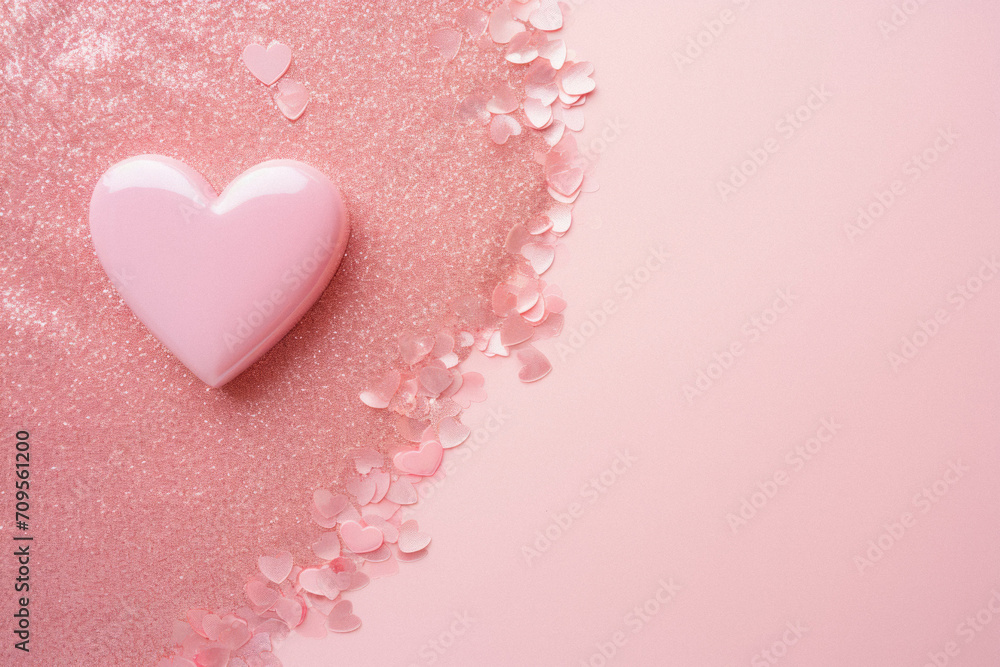 Pink heart on pink glitter background. Valentines day love concept.