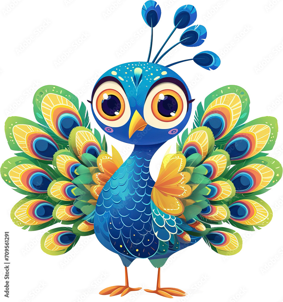 Cartoon peacock isolated on transparent background. PNG