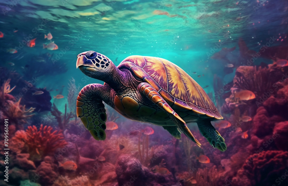 Fototapeta premium a turtle swimming in the ocean with a lot of fish around it's neck and head, with a lot of corals and other fish around it, generative ai