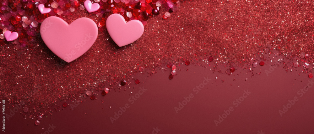 Valentine's day background with hearts on glittering red background.