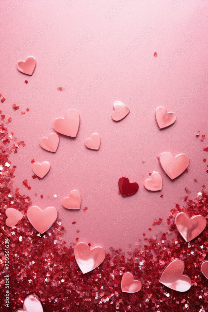 Valentine's day background with pink hearts on pink background.