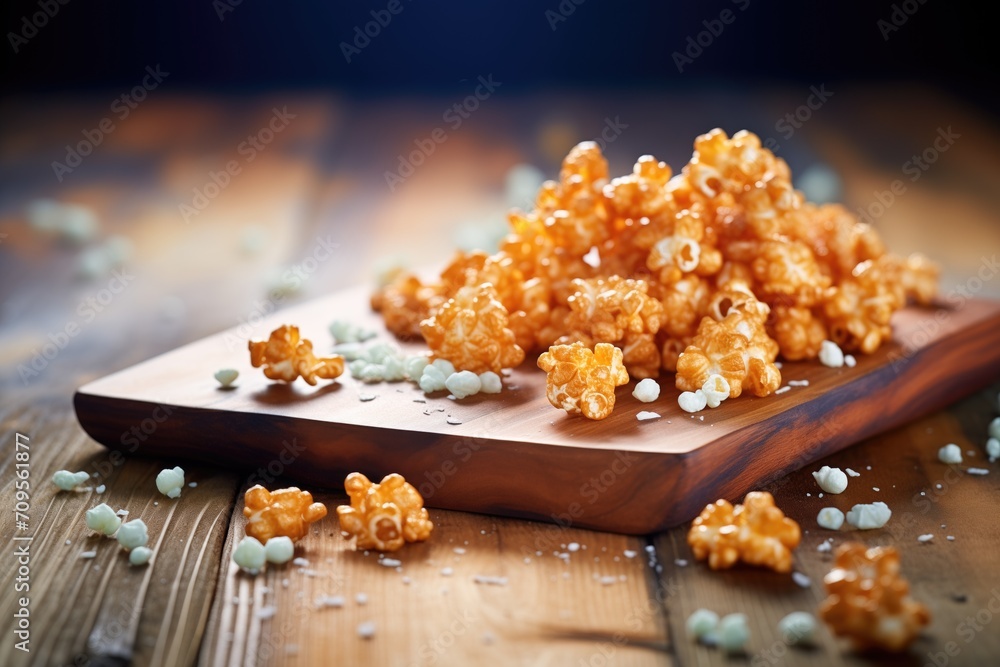 pile of caramel popcorn on a rustic wooden board pile of caramel popcorn on a rustic wooden board