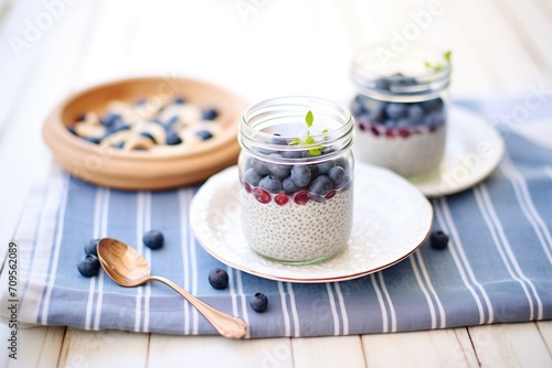 blueberry chia pudding with whole blueberries, linen napkin