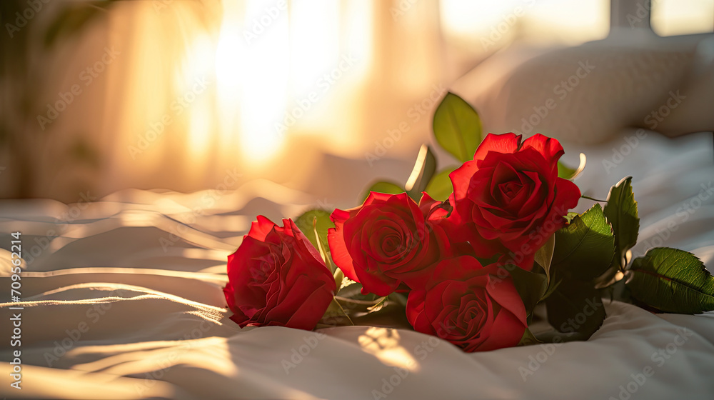 a bouquet of red roses sitting on the bed in front of the sunrise,valentines day a bouquet of red roses sitting on the bed in front of the sunrise,valentines day