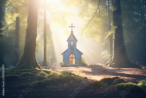 Foto chapel in a forest clearing with rays of sunlight
