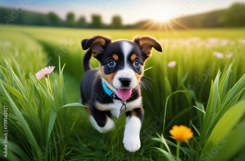 Cute puppy running on the grass © Oleg Kolbasin