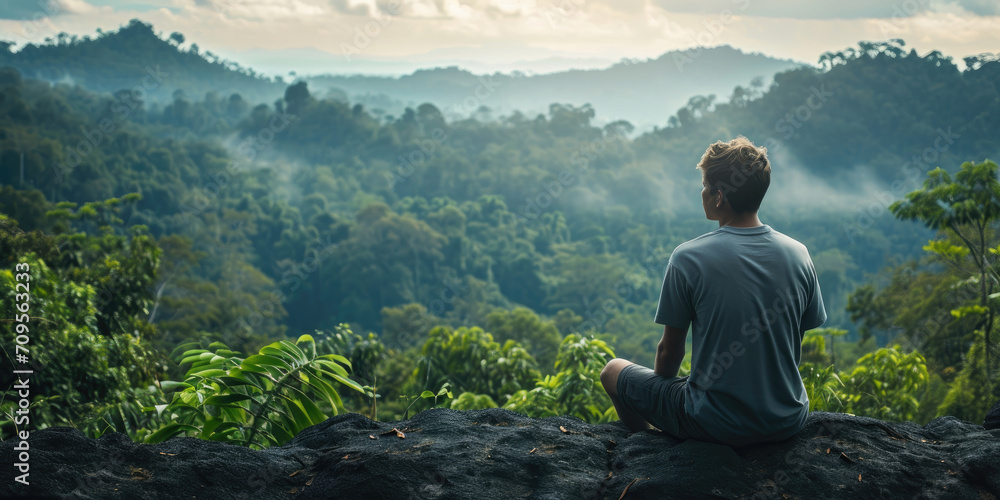 Man sitting on the rock with beautiful view of rainforest