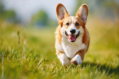 Corgi dog running in the field in summer