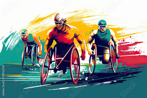 Illustration of a group of disabled athletes doing sports in wheelchairs on a treadmill. Green, blue, purple and yellow watercolor splashes.