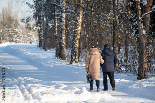people walking in the park in winter, rear view