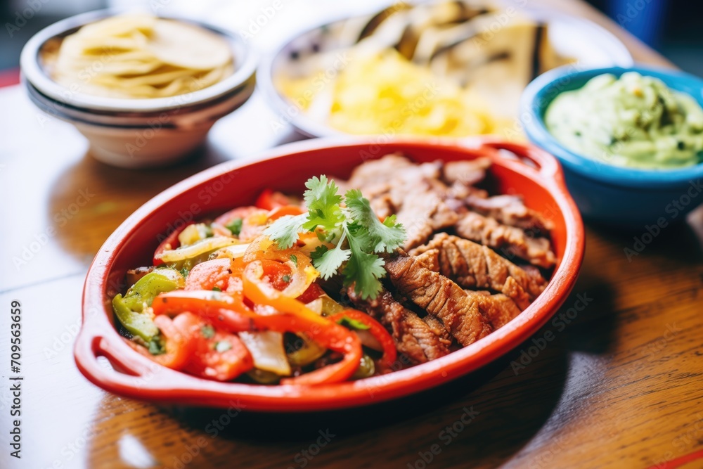 colorful fajita platter with sizzling beef, peppers, and onions colorful fajita platter with sizzling beef, peppers, and onions