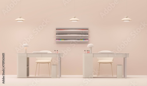 Beauty spa nail salon on pastel beige color trend 2024 background. Nail Bar and beauty salon for women and men. Place for manicure and nail care photo
