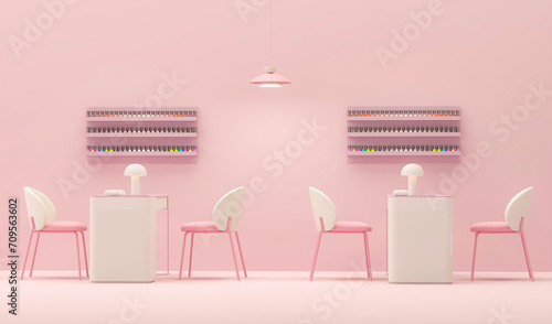 Beauty spa nail salon on pastel pink color trend 2024 background. Nail Bar and beauty salon for women and men. Place for manicure and nail care