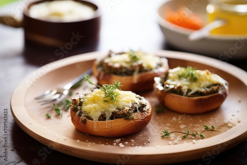 baked escargot in mushroom caps with cheese photo