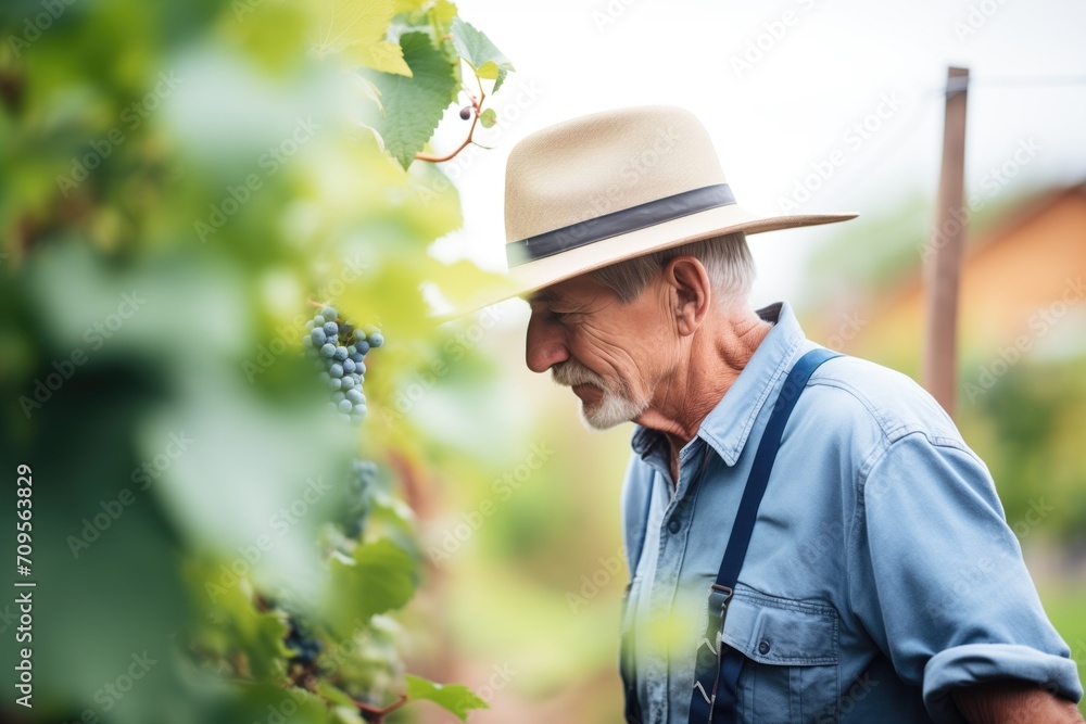 farmer wearing a hat inspecting grape vines in a vineyard
