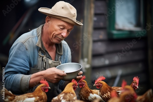 farmer feeding freerange chickens in the backyard photo