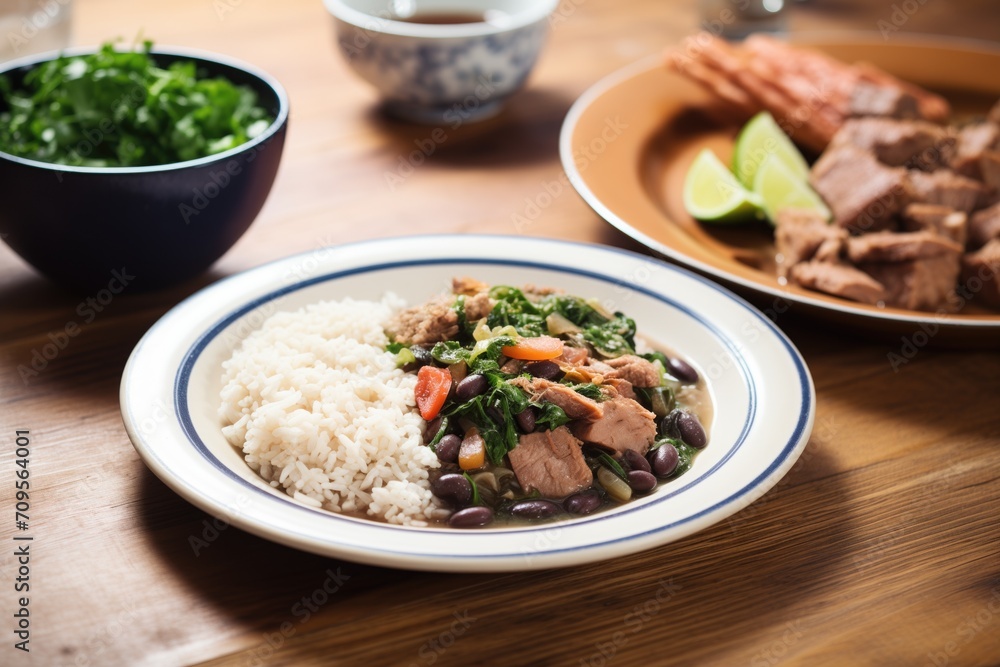 plated feijoada with slices of pork, visible bean stew plated feijoada with slices of pork, visible bean stew