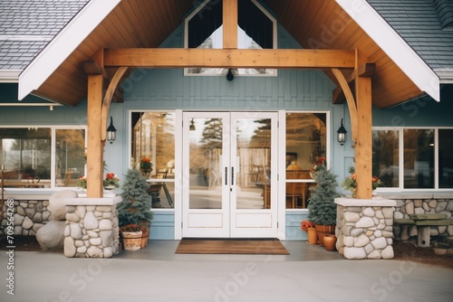wooden lodge with a welcoming open front door photo