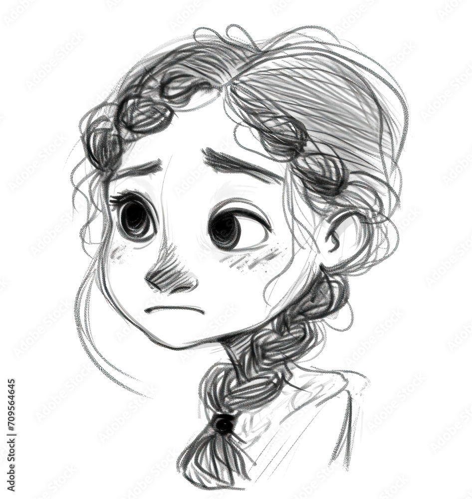 Portrait of little girl drawn in black and white isolated on transparent background. PNG Portrait of little girl drawn in black and white isolated on transparent background. PNG