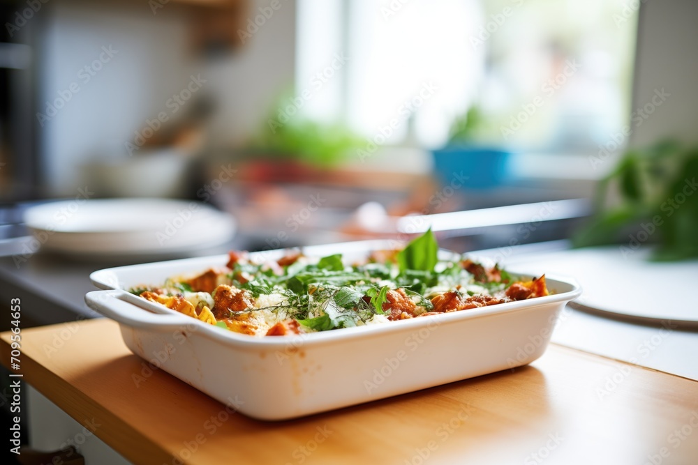 baking dish with hot lasagna straight from the oven baking dish with hot lasagna straight from the oven