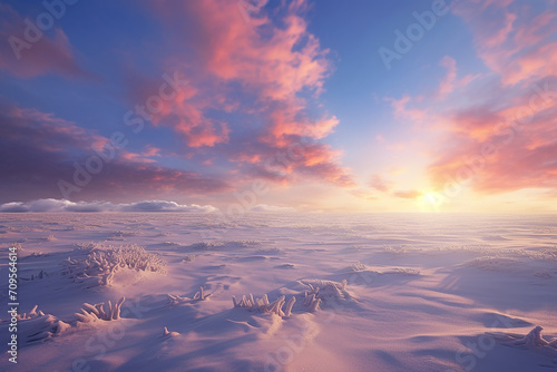 Generative AI Image of Desert Landscape in Snow Season with Dramatic Sky at Sunrise