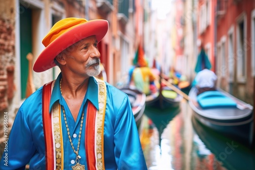 Fototapete gondolier passing by colorful venetian buildings