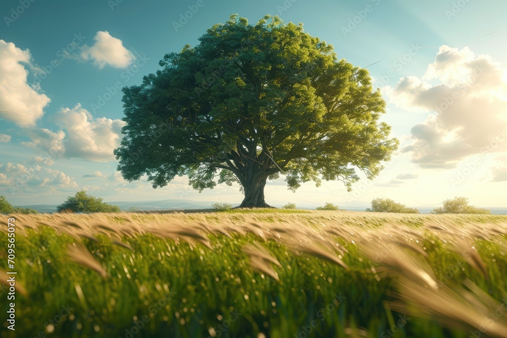 Fototapeta premium There is a tree in the field grass swaying in the wind professional photography