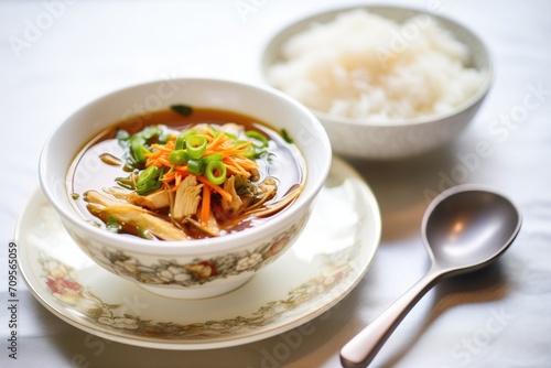 hot and sour soup served with a side of white rice