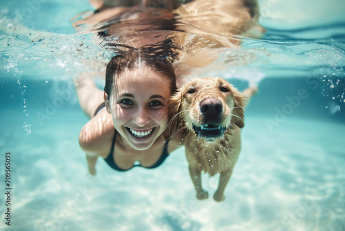 A happy smiling woman with dog swimming at pool