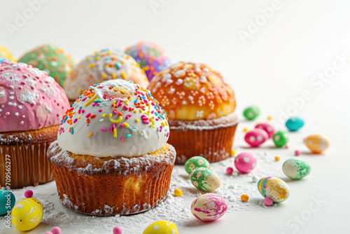 Traditional Delicious Easter cakes and eggs on white background