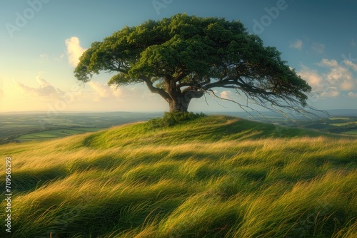 There is a tree in the field grass swaying in the wind professional photography photo