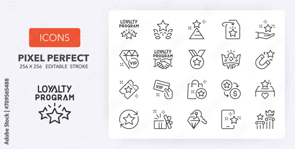 Loyalty programs thin line icon set. Outline symbol collection. Editable vector stroke. 256x256 Pixel Perfect scalable to 128px, 64px...