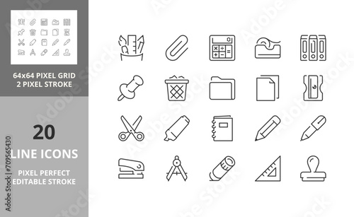 Stationery and back to school, thin line icon set. Outline symbol collection. Editable vector stroke. 64 and 256 Pixel Perfect scalable to 128px