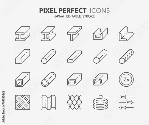 Line icons about steel products. Outline symbol collection. Editable vector stroke. 64x64 Pixel Perfect.