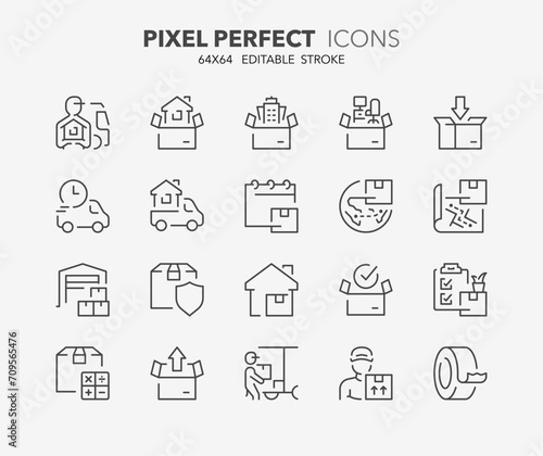 Line icons about moving services. Outline symbol collection. Editable vector stroke. 64x64 Pixel Perfect.
