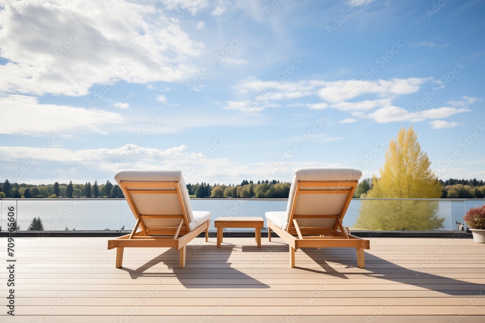 lakeside deck, lounge chairs, clear summer day lakeside deck, lounge chairs, clear summer day