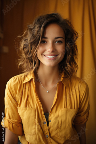 Portrait of a beautiful young woman with curly hair in a yellow shirt