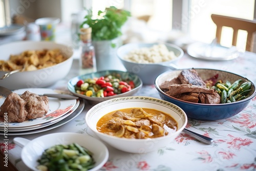 table spread with lamb korma feast, various side dishes included