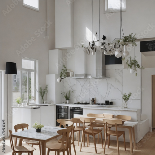 Ai generate a photo of a kitchen space with a kitchen set  marble table  minimalist wooden chairs  high detail  realistic  with a white background  in a bright morning atmosphere.