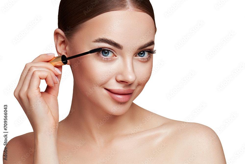 Beauty woman applying black mascara on eyelashes with makeup brush. Eyelash extensions. makeup, cosmetics. beauty, skincare Beauty woman applying black mascara on eyelashes with makeup brush. Eyelash extensions. makeup, cosmetics. beauty, skincare