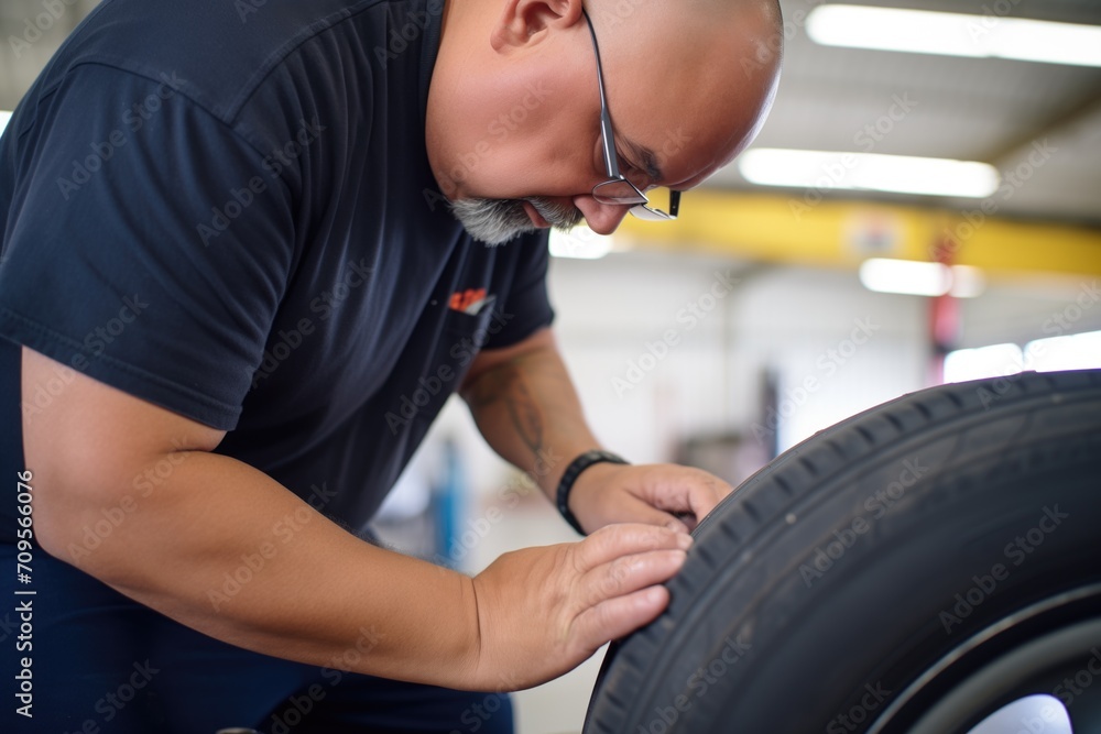 technician checking tire tread with gauge