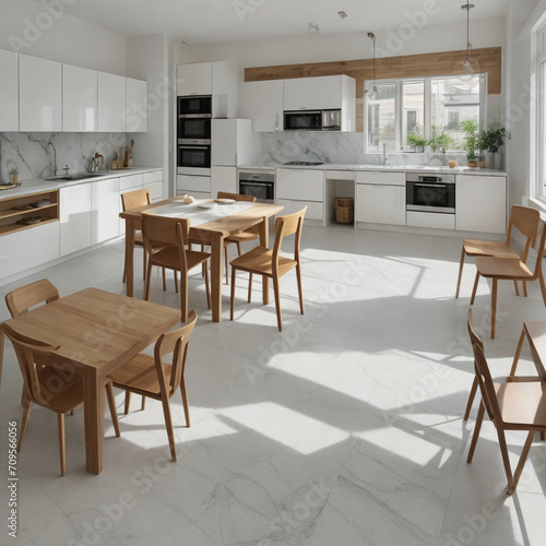 Ai generate a photo of a kitchen space with a kitchen set, marble table, minimalist wooden chairs, high detail, realistic, with a white background, in a bright morning atmosphere.