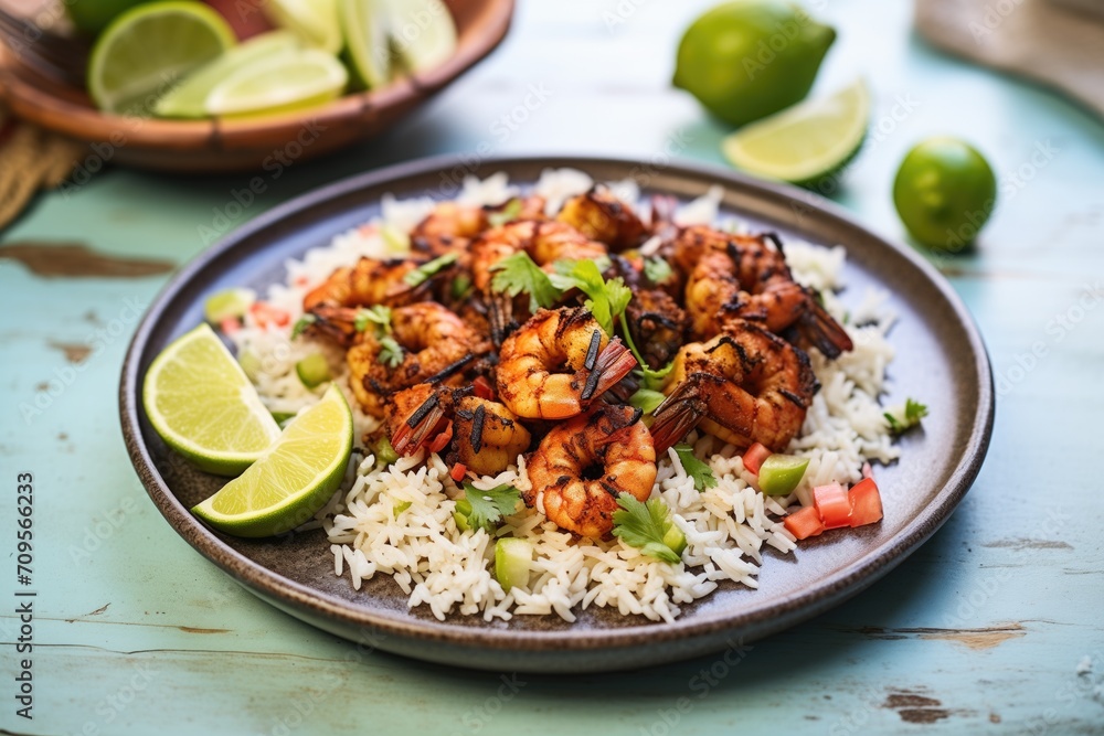 rice on a plate with blackened shrimp and lime wedges rice on a plate with blackened shrimp and lime wedges