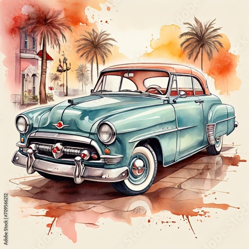 Vintage car on watercolor background. Hand drawn illustration