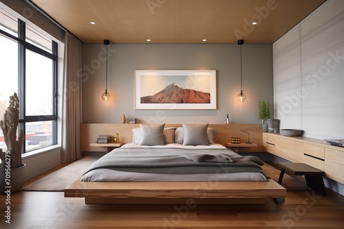 contemporary bedroom with a low-profile bed and ambient lighting