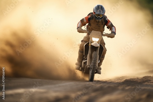off-road motorcycle kicking up dust on a dirt trail photo