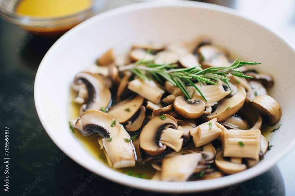 sliced marinated mushrooms, oil drizzle, garlic cloves