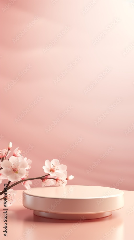 Spring Round Minimalistic catwalk for the promotion of a cosmetic product from copy space. A pedestal with sakura flowers in soft pastel pink tones. Spring Round Minimalistic catwalk for the promotion of a cosmetic product from copy space. A pedestal with sakura flowers in soft pastel pink tones.