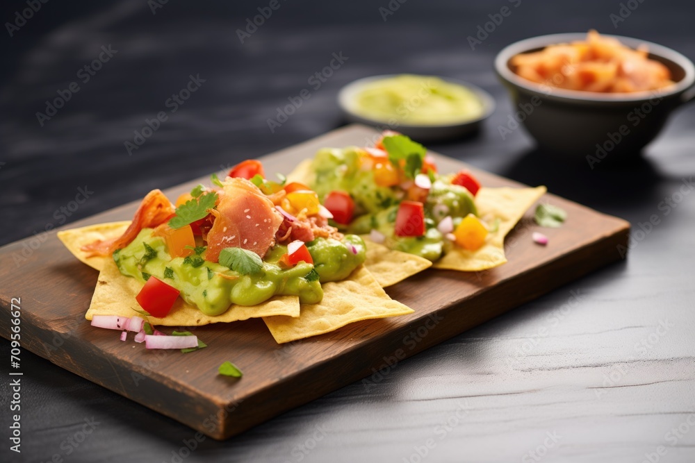 nachos with guacamole served on rustic slate board